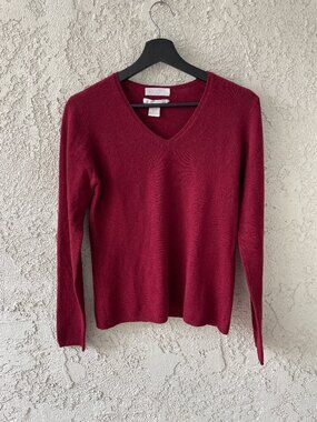 KEIRA Burgundy Cashmere V-Neck Sweater M Preppy Minimalist 2 Ply Pullover